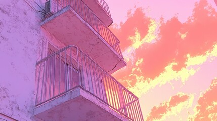 Abstract architectural facade in pastel hues evocative of sunris