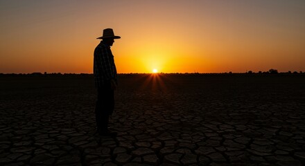 Silhouette of a male farmer wearing a hat, standing alone in a cracked, dry field at sunset, symbolizing drought and agricultural despair.