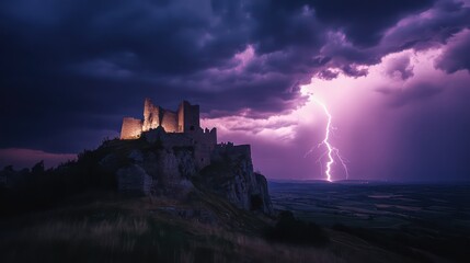 Obraz premium Dramatic lightning strike over landscape at night