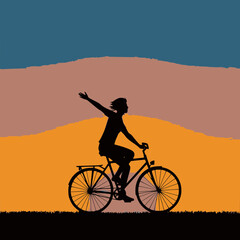 Obraz premium Silhouette of joyful cyclist with arms raised at vibrant sunset.