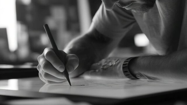 Close-Up of an Artist's Hand Drawing on a Large Sheet of Paper in a Dimly Lit Creative Workspace