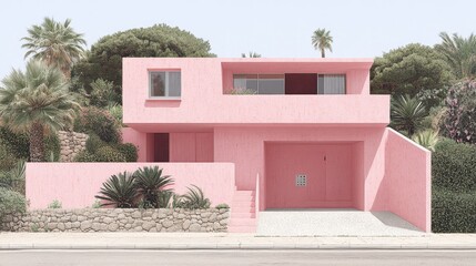 Dreamy rose home embracing modern architecture amidst tranquil s