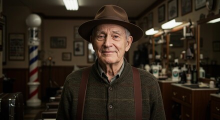 Portrait of senior man barber shop owner with hat and suspenders looking at camera smiling friendly face