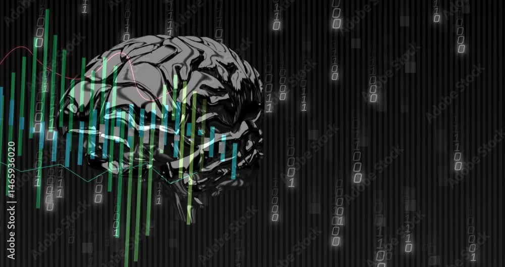 Poster metallic brain being animated in digital space, with data bars, curved line graphs, binary digits