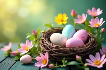 Pastel easter eggs nestled in a bird's nest amongst blooming wildflowers, purple, colors