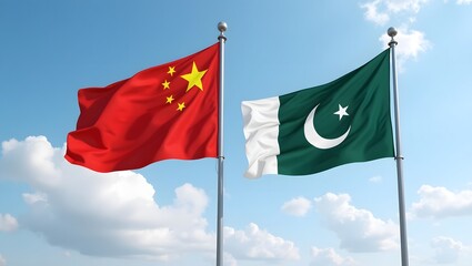 Chinese and Pakistani Flags Waving Together Under a Partly Cloudy Sky