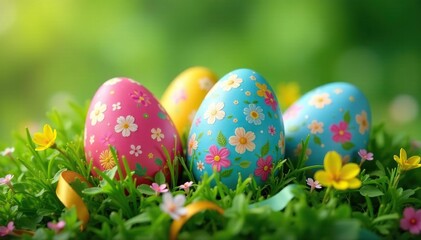 Decorated eggs nestled in green grass with colorful ribbons , texture, festive