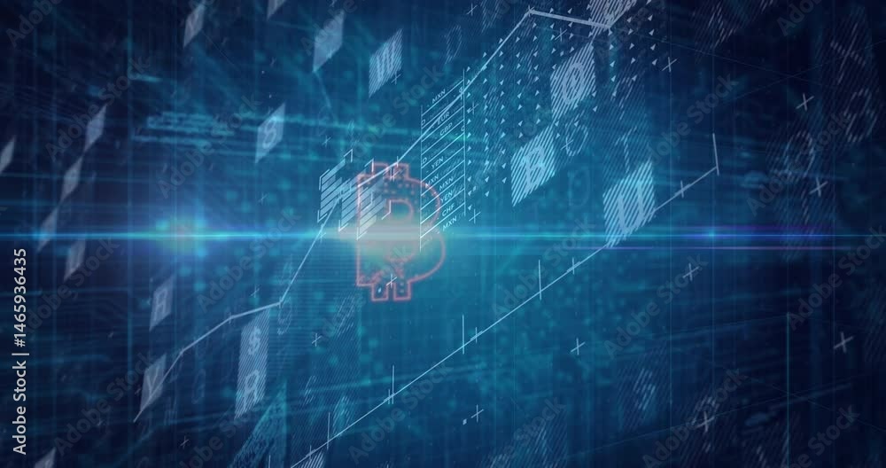 Poster glowing bitcoin symbol forming 3d interface showing currency codes and floating trend lines