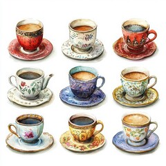 Vintage Tea Cups Collection with Intricate Designs and Patterns