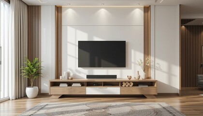 A stylishly minimalist living room features a sleek entertainment center beneath a flat-screen
