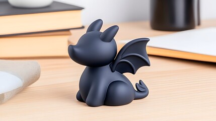 A cute, small, black dragon figurine sits on a light wood desk, surrounded by books and stationery