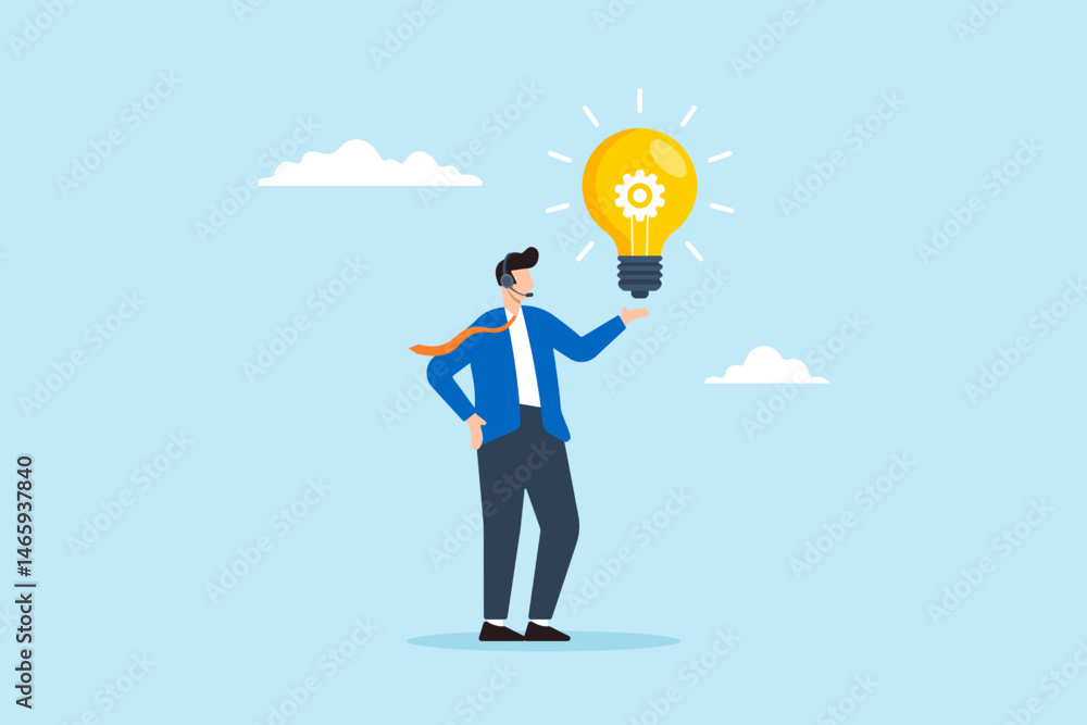 Poster flat illustration of operator providing creative solution with lightbulb idea in customer support an
