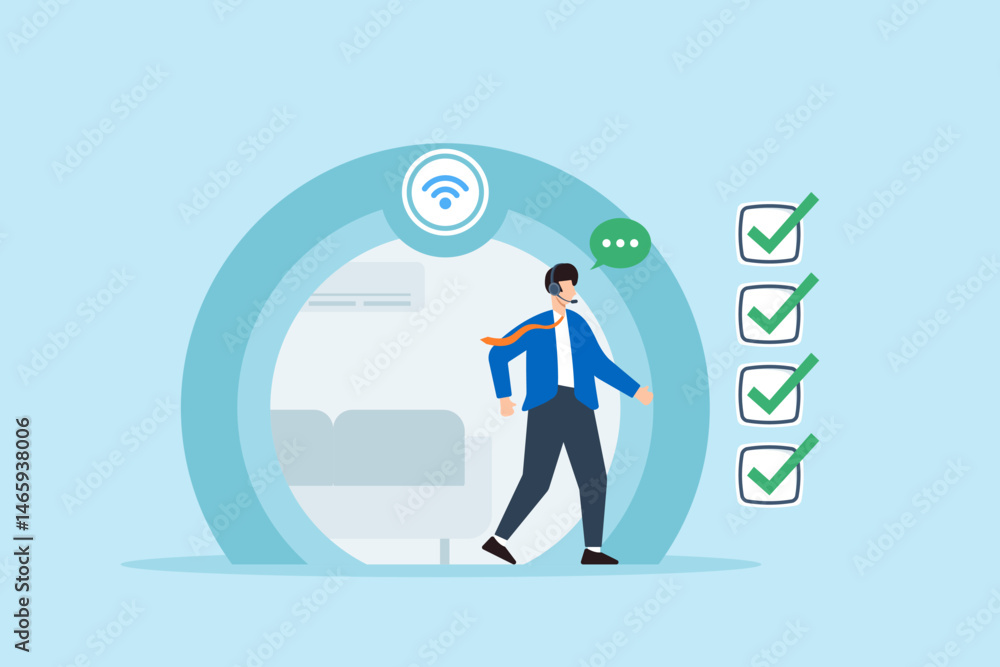 Poster flat illustration of support specialist communicating task checklist remotely using headset and wire