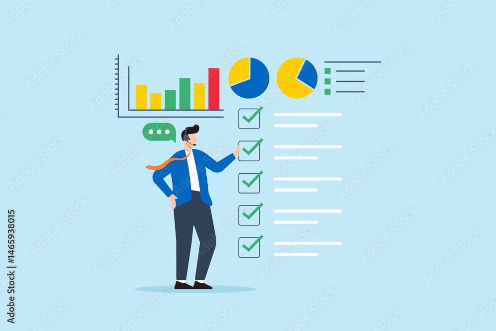 Aufkleber flat illustration of operator communicating checklist and tasks using dashboard and performance char
