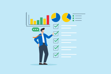 Flat illustration of operator communicating checklist and tasks using dashboard and performance charts in business data report