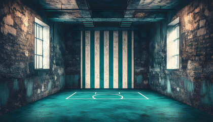 Obraz premium Grungy interior with teal floor, painted stripes, and faint soccer field markings. Perfect for urban, industrial, or sports themes.