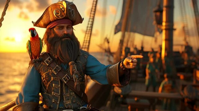 Sunset Pirate Captain with Parrot on Ship