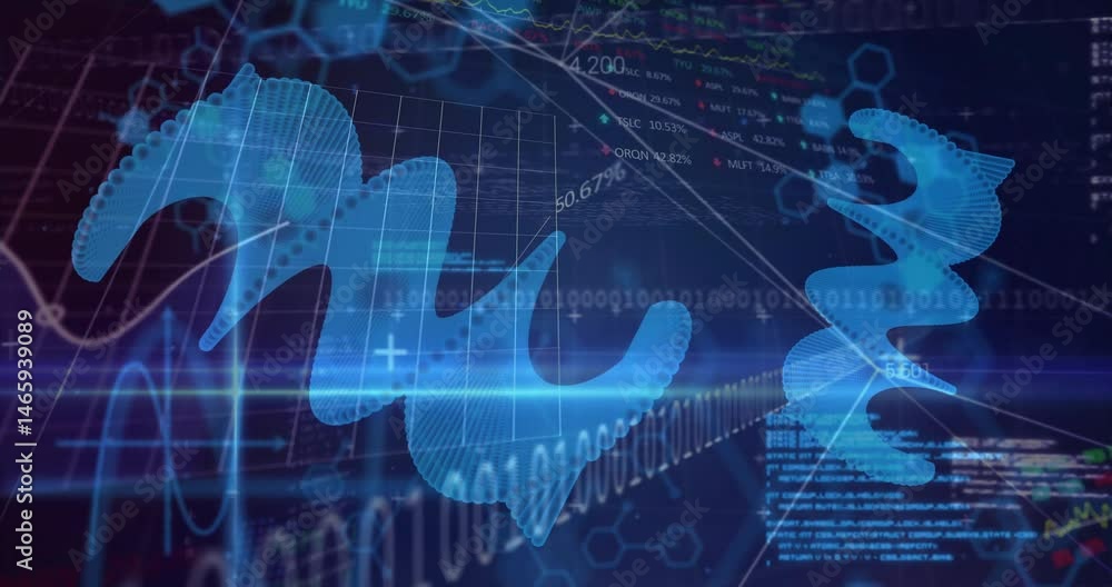 Poster translucent blue 3d waveforms floating across dark grid ui displaying binary code and stock tickers