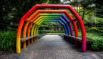 Colorful rainbow archway bench in a park, leading to a playground.  Vibrant colors, inviting pathway.