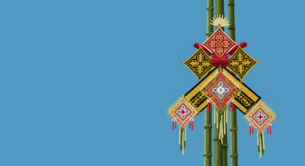 Obraz premium Decorated bamboo stalks stand against blue sky