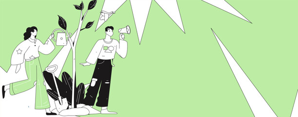 Flat character vector concept operation hand drawn illustration of planting trees on Arbor Day in spring
