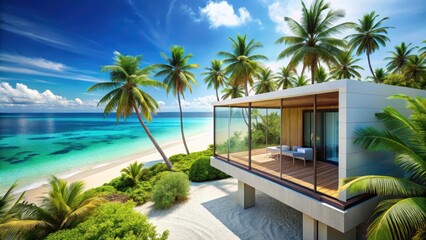 Fototapeta premium A modern beachfront bungalow with a private balcony overlooking the turquoise ocean and sandy white shore, surrounded by palm trees and lush greenery , palm trees, ocean view