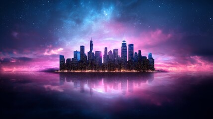 Fototapeta premium Futuristic city skyline under a cosmic night sky