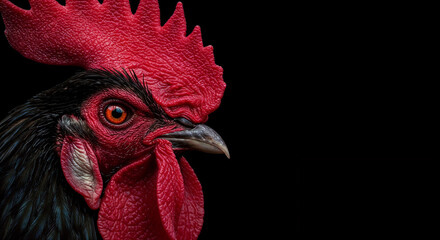 Rooster Portrait Red Comb Black Background Striking Eye Farm