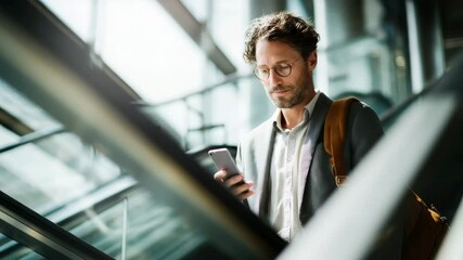Professional Man Using Smartphone While Standing On Escalator In Modern Urban Environment - Powered by Adobe