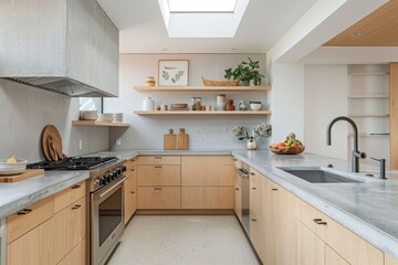 Light maple cabinets and concrete countertops define this Scandinavian kitchen design with open shelving and natural light through a skylight.