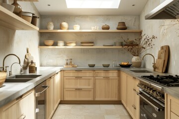 Fototapeta premium Scandinavian kitchen maple cabinets concrete countertops open shelves skylight bathes space natural light perfect interior photography