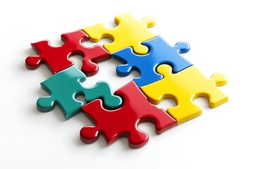 red puzzle piece, grid of colorful puzzle pieces are connected. The colors are red, blue, yellow, and green