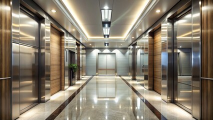 Obraz premium Modern hotel corridor with sleek shiny metal elevator