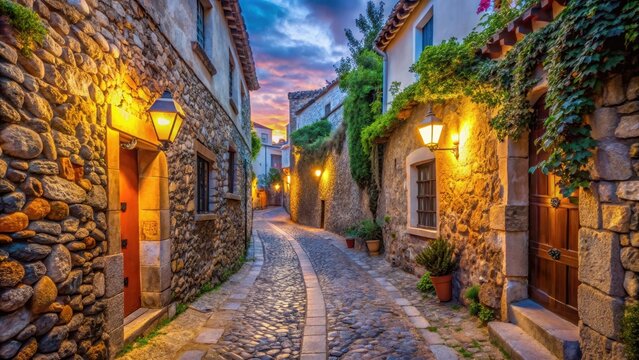 Ancient stone walls with colorful tiles lining the narrow cobblestone streets of Calella de Palafrugell old town at dusk , old town, calella