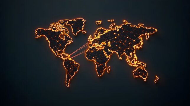 A glowing orange network map of the world, highlighting global interconnectedness.