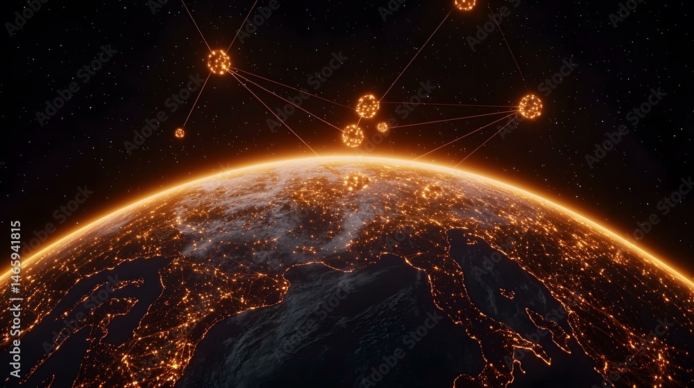 Poster the image shows a digital rendering of earth at night, with city lights glowing brightly. surroundin