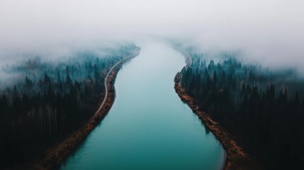 Foggy River Landscape in Early Morning Light