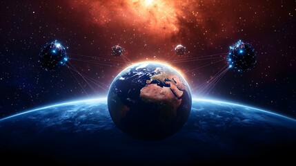 Obraz premium The image shows Earth from space, with several glowing, network-like spheres orbiting it, all connected by lines of light against a backdrop of a nebula and stars.