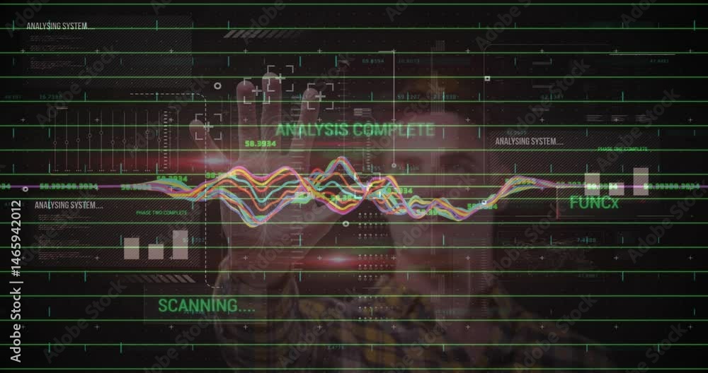 Poster engineer manipulating holographic tech interface, displaying green grid lines and waveform charts