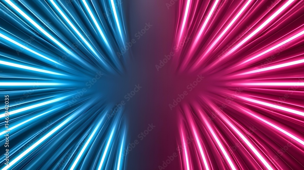Poster the image contains an abstract design with bright blue and pink neon lights radiating outwards from 
