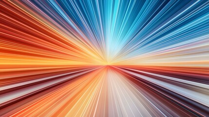Obraz premium The image is an abstract representation of speed and movement, featuring a burst of radiating lines in warm (orange and red) and cool (blue) tones converging at a central vanishing point.