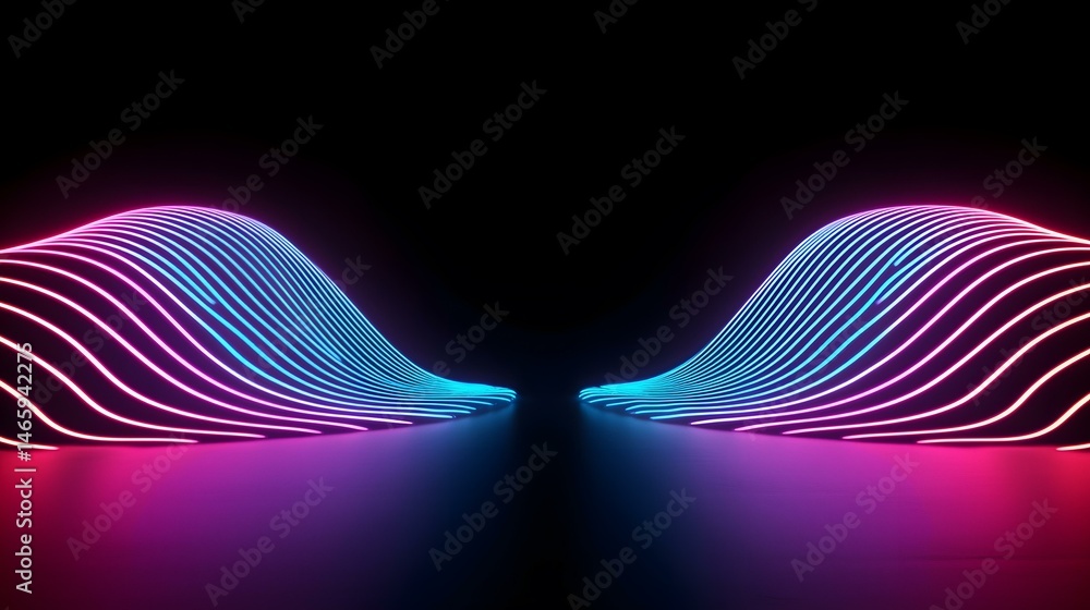 Poster the image contains two mirrored, wavy structures composed of parallel neon lines in shades of pink a