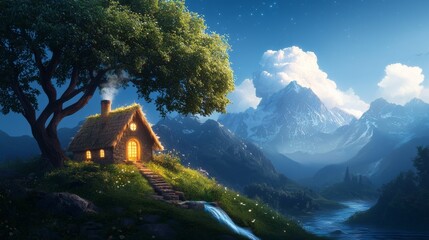 Enchanted cottage by a serene mountain stream