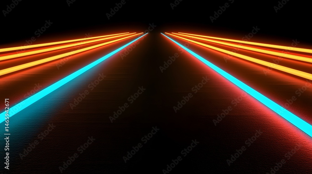 Poster the image contains three bright orange and two bright cyan neon lines converging at a vanishing poin