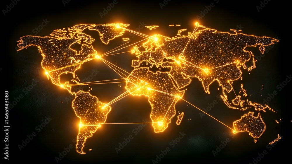 Poster the image shows a glowing, orange world map with interconnected lines representing a global network.