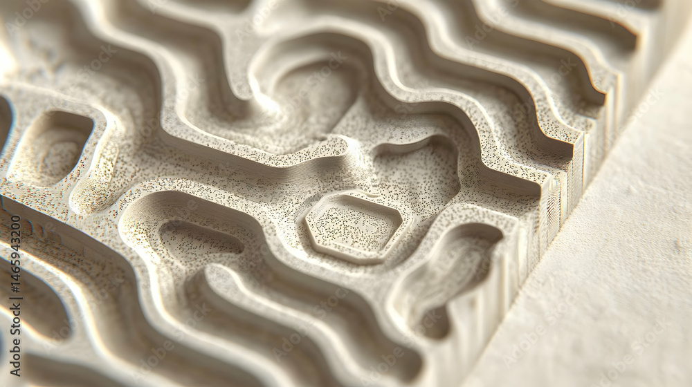 Poster abstract textured surface, close-up view of intricate 3d-printed design, beige color palette, wavy p