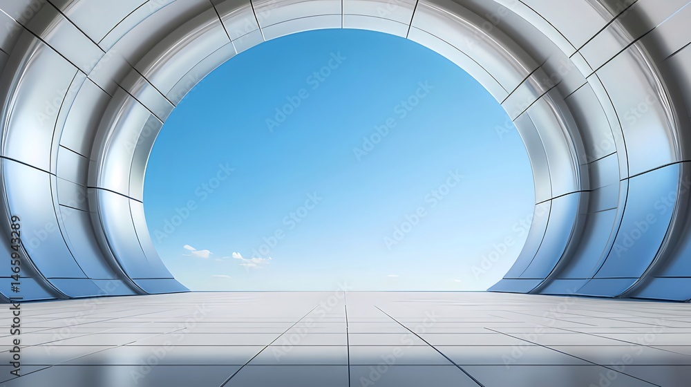 Poster 未来的な白いアーチ構造 青空の背景 モダンなデザイン 金属反射のある抽象的な内部空間 テクノロジースタイルの建築 廊下トンネル
