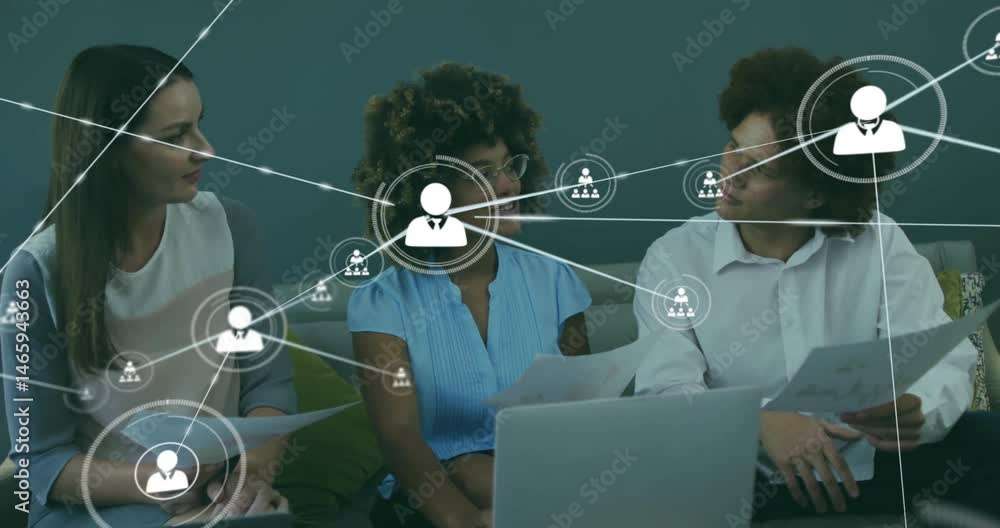 Poster coworkers collaborating business project while glowing network icons linking user avatars over sofa
