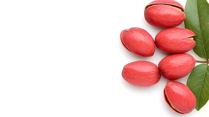 Vibrant red pistachios with leaves, arranged against a white backdrop.  A fresh, healthy image