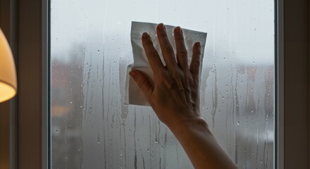 Close-up view of a person's hand using a cloth to wipe away condensation and moisture from a foggy window pane indoors.
